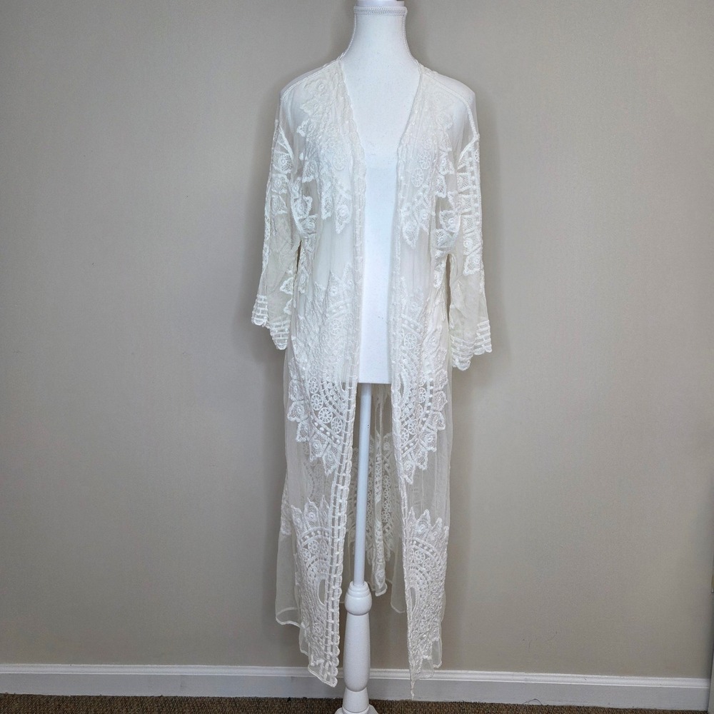 Sheer Mesh Duster Kimono Cardigan Boho Festival Maxi Embroidery Coverup One Size